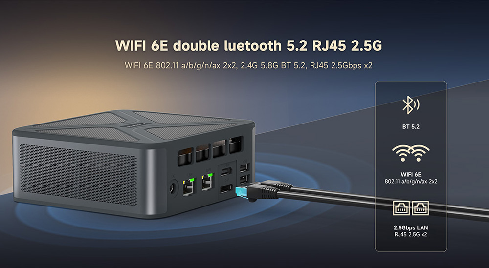 ALLIWAVA GH8 Mini PC de jeu, AMD Ryzen 9 8945HS 8 cœurs max 5,2 GHz, 32 Go de RAM, SSD 1 To, quadruple sortie vidéo (HDMI + DP + USB 4.0 + USB-C), Wi-Fi 6E, Bluetooth 5.2, 2 ports USB 3.0, 2 ports USB 2.0, 2 ports RJ45 2,5 GHz, 1 prise audio.