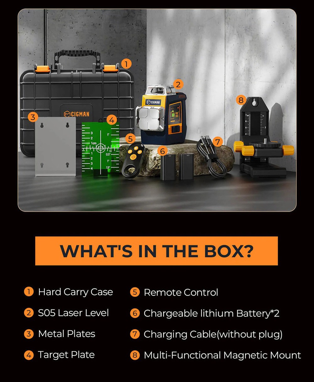 CIGMAN CM-S05 Niveau Laser 12 Lignes, Contr&ocirc;le Gestuel, 3 &times; 360&deg; Laser Vert, &plusmn;3&deg; Autonivelant, Affichage LCD en Temps R&eacute;el, Luminosit&eacute; &agrave; 4 Niveaux, IP54
