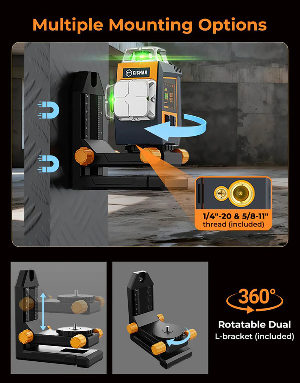 CIGMAN CM-S05 Niveau Laser 12 Lignes, Contr&ocirc;le Gestuel, 3 &times; 360&deg; Laser Vert, &plusmn;3&deg; Autonivelant, Affichage LCD en Temps R&eacute;el, Luminosit&eacute; &agrave; 4 Niveaux, IP54