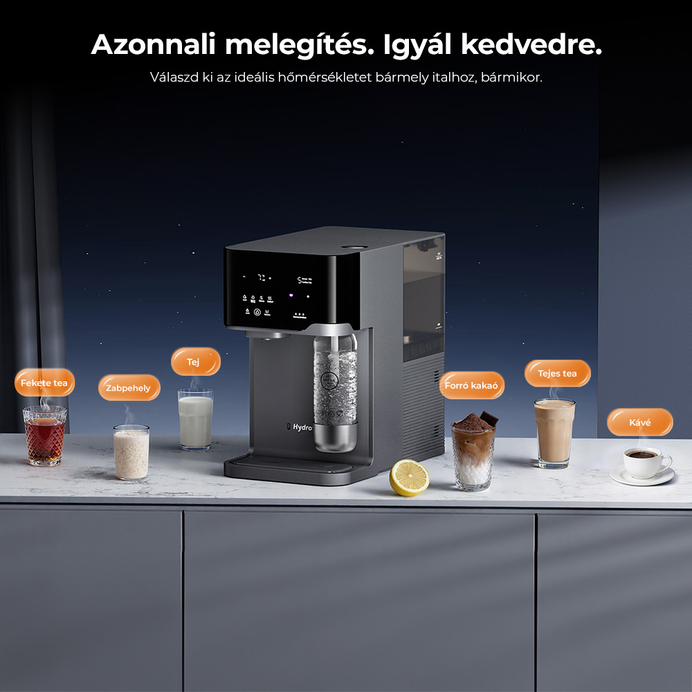 Hydrofast C300 RO pultra helyezhető v&iacute;ztiszt&iacute;t&oacute;, jeges &eacute;s sz&eacute;nsavas v&iacute;z adagol&oacute;, 6 fokozat&uacute; szűr&eacute;s UV-steriliz&aacute;l&aacute;ssal, 5 literes nyersv&iacute;ztart&aacute;ly &eacute;s 1,5 literes tisztav&iacute;ztart&aacute;ly, &aacute;ll&iacute;that&oacute; hőm&eacute;rs&eacute;klet &eacute;s t&eacute;rfogat, intelligens TDS kijelző