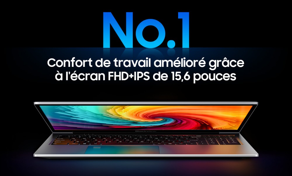 Blackview AceBook 8 Ordinateur portable, écran IPS 15,6 pouces 1920*1080, processeur Intel N150, 16 Go de RAM, 512 Go de SSD, 2*USB 3.0, 1*USB 2.0, 1*USB-C, 1*HDMI 2.0, 1*prise audio, 1*emplacement pour carte MicroSD, batterie 38Wh, charge 36W.