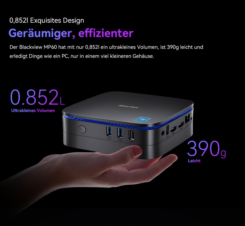 Blackview MP60 Mini-PC, Intel N150 4 Kerne, max. 3,6 GHz, 16 GB RAM, 1 TB SSD, 2 x HDMI Dual-Screen-Display, Dualband-WLAN, Bluetooth 4.2, 2 x USB 2.0, 2 x USB 3.0, 1 x RJ45, 1 x Kopfh&ouml;reranschluss
