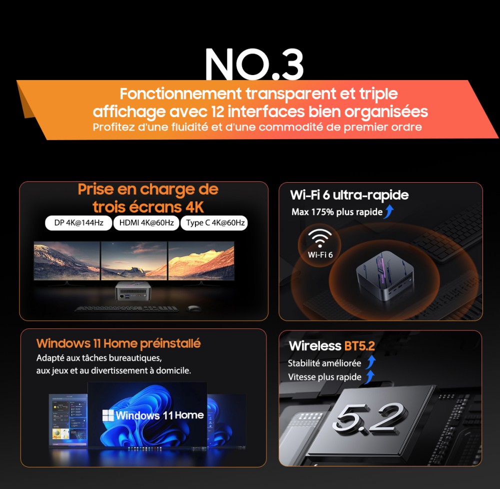 Blackview MP100 Pro Mini PC, Intel i9-12900HK 14 cœurs, jusqu'à 5,0 GHz, 16 Go de RAM, 1 To de SSD, triple affichage 4K HDMI+DP+USB-C, WiFi 6 Bluetooth 5.2, 4 ports USB 3.2 Gen 1 Type-A, 2 ports USB 3.2 Gen 2 Type-A, 1 port RJ45, 1 prise audio