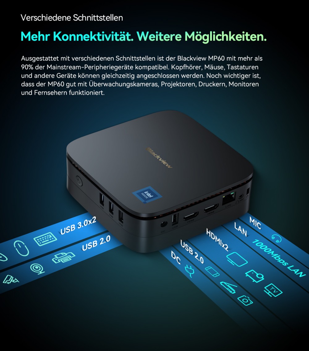 Blackview MP60 Mini-PC, Intel N150 4 Kerne, max. 3,6 GHz, 16 GB RAM, 1 TB SSD, 2 x HDMI Dual-Screen-Display, Dualband-WLAN, Bluetooth 4.2, 2 x USB 2.0, 2 x USB 3.0, 1 x RJ45, 1 x Kopfh&ouml;reranschluss