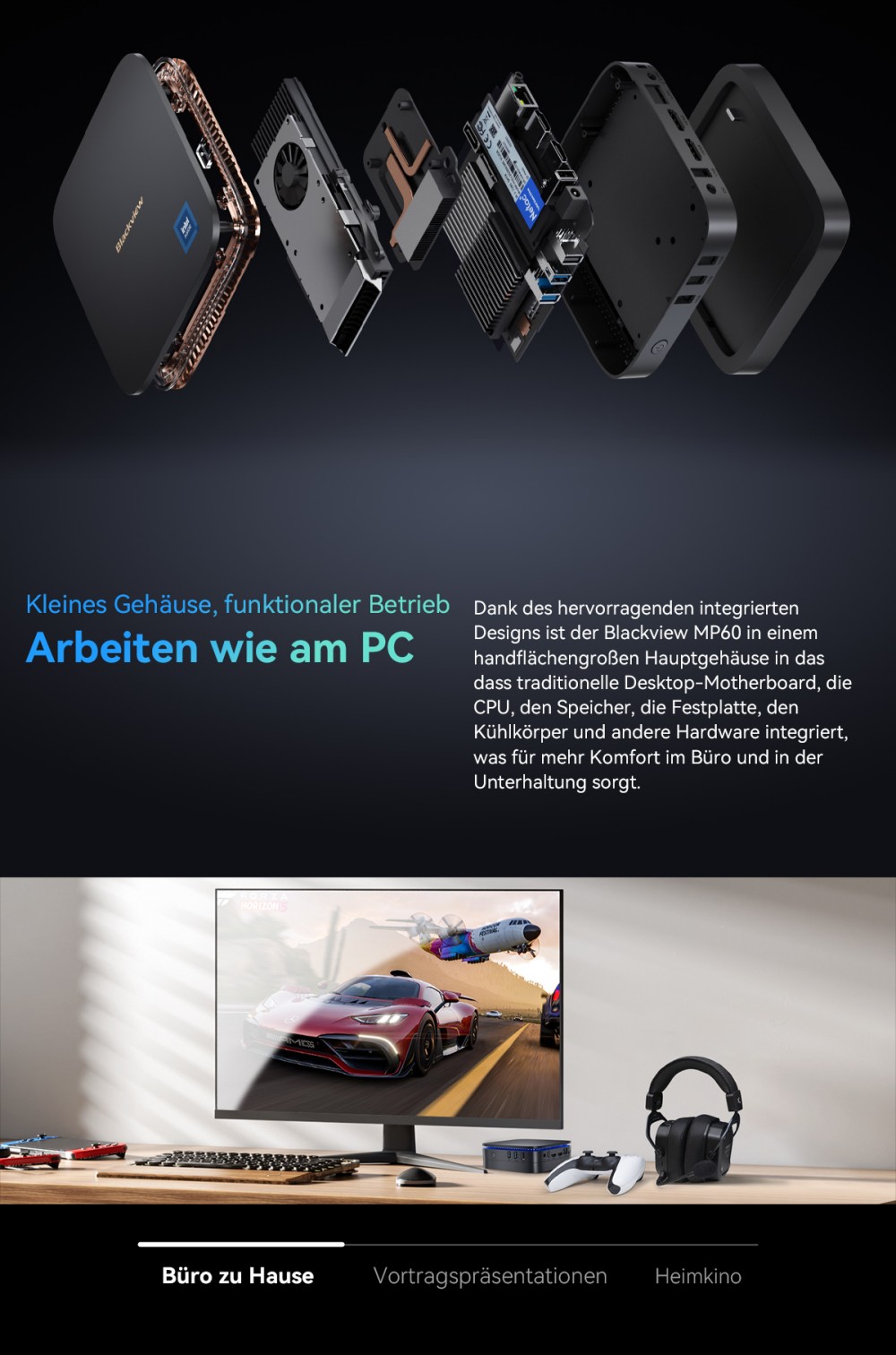 Blackview MP60 Mini-PC, Intel N150 4 Kerne, max. 3,6 GHz, 16 GB RAM, 1 TB SSD, 2 x HDMI Dual-Screen-Display, Dualband-WLAN, Bluetooth 4.2, 2 x USB 2.0, 2 x USB 3.0, 1 x RJ45, 1 x Kopfh&ouml;reranschluss