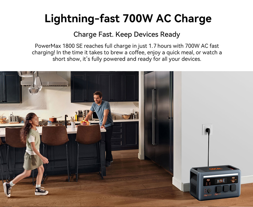 Prenosná napájacia stanica Oscal PowerMax 1800 SE, 1024Wh LiFePO₄ batéria, 1800W menovitý výkon / 3600W prepätie, 10 výstupov, 800W solárne napájanie & amp; 700W rýchle nabíjanie striedavým prúdom, 0.01s UPS, čistá sínusová vlna striedavého prúdu pre vonkajšie & amp; domáce zálohovanie