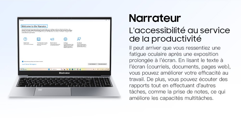 Blackview AceBook 8 Ordinateur portable, écran IPS 15,6 pouces 1920*1080, processeur Intel N150, 16 Go de RAM, 512 Go de SSD, 2*USB 3.0, 1*USB 2.0, 1*USB-C, 1*HDMI 2.0, 1*prise audio, 1*emplacement pour carte MicroSD, batterie 38Wh, charge 36W.
