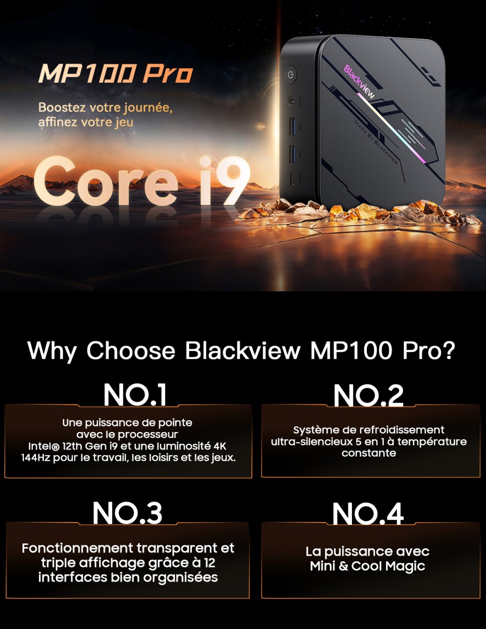 Blackview MP100 Pro Mini PC, Intel i9-12900HK 14 cœurs, jusqu'à 5,0 GHz, 16 Go de RAM, 1 To de SSD, triple affichage 4K HDMI+DP+USB-C, WiFi 6 Bluetooth 5.2, 4 ports USB 3.2 Gen 1 Type-A, 2 ports USB 3.2 Gen 2 Type-A, 1 port RJ45, 1 prise audio