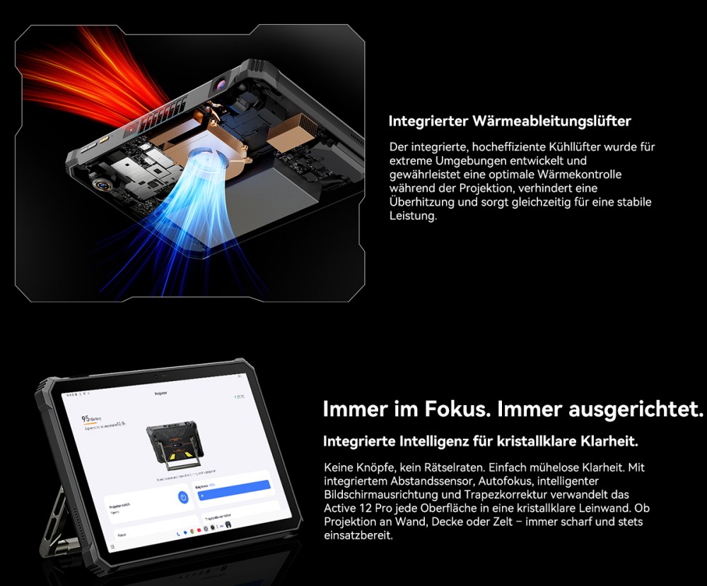 Blackview Active 12 Pro 5G Projektor AI Rugged Tablet, 200LM 120 Zoll 1080P Projektion, Android 15, 11 Zoll 1920*1200 IPS Bildschirm, MT6878 8 Kerne, 12GB + 24GB Erweiterungs-RAM 256GB ROM, 30000mAh Akku, 120W Schnellladung, 50MP+108MP Kamera, WiFi 6E