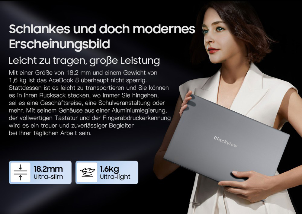 Blackview AceBook 8 Laptop, 15,6 Zoll 1920*1080 IPS-Bildschirm, Intel N150 4-Kern Max 3,6GHz, 16GB RAM 512GB SSD, Dual-Band WLAN Bluetooth 5.0, 2*USB 3.0 1*USB 2.0 1*USB-C 1*HDMI 2.0 1*Audiobuchse 1*MicroSD-Kartensteckplatz, 38Wh Akku 36W Ladegerät