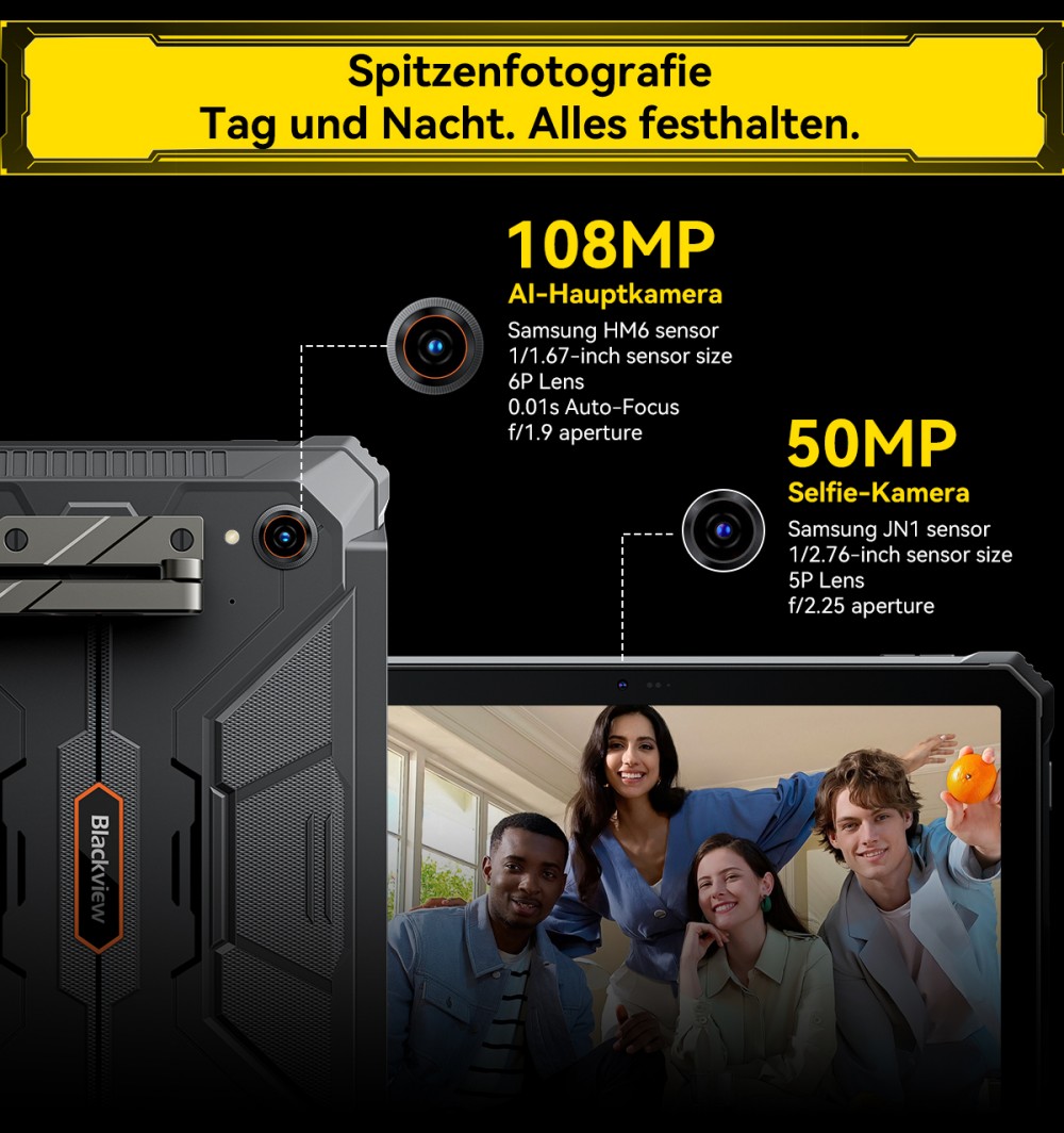 Blackview Active 12 Pro 5G Projektor AI Rugged Tablet, 200LM 120 Zoll 1080P Projektion, Android 15, 11 Zoll 1920*1200 IPS Bildschirm, MT6878 8 Kerne, 12GB + 24GB Erweiterungs-RAM 256GB ROM, 30000mAh Akku, 120W Schnellladung, 50MP+108MP Kamera, WiFi 6E
