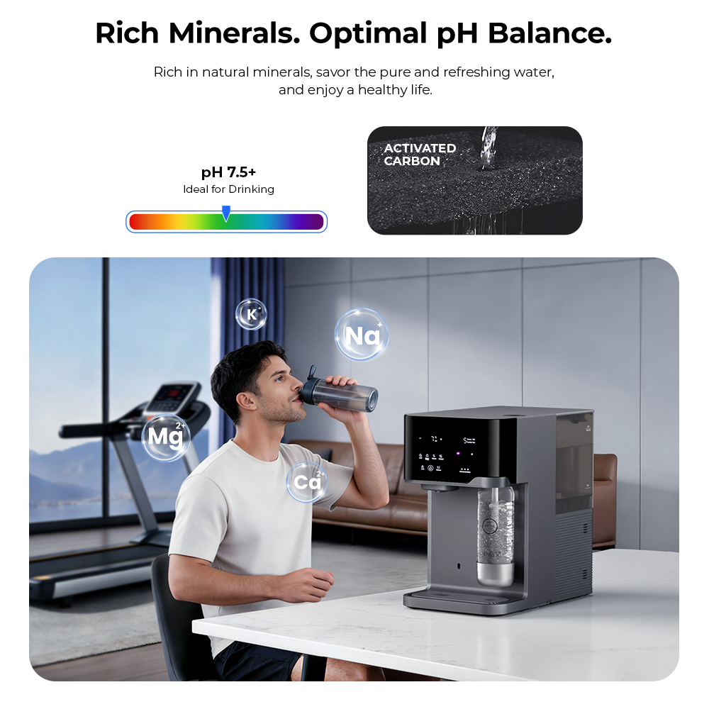 Hydrofast C300 RO Countertop Water Purifier, Iced & Sparkling Water Dispenser, 6-Stage Filtration with UV Sterilization, 5L Raw Tank & 1.5L Pure Tank, Adjustable Temperature & Volume, Smart TDS Display