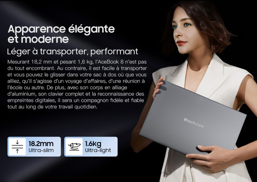 Blackview AceBook 8 Ordinateur portable, écran IPS 15,6 pouces 1920*1080, processeur Intel N150, 16 Go de RAM, 512 Go de SSD, 2*USB 3.0, 1*USB 2.0, 1*USB-C, 1*HDMI 2.0, 1*prise audio, 1*emplacement pour carte MicroSD, batterie 38Wh, charge 36W.
