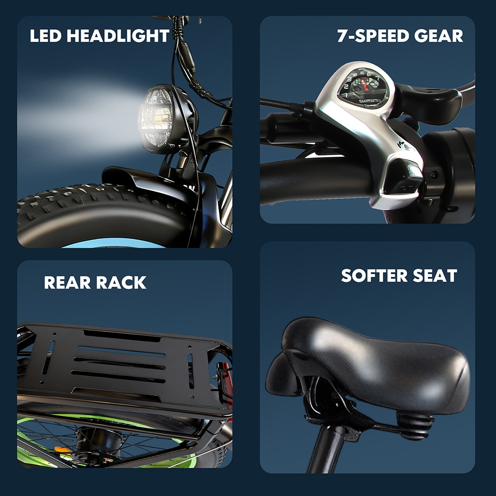 Orlms V3 Electric Bike, 1000W*2 Motor, 60V 25Ah Battery, 26*4.0 inch Tires, 26*4.0 inch Tires, 25km/h Max Speed, 120km Max Range, Hydraulic Brakes, Suspension Front Fork, 7-speed - Green