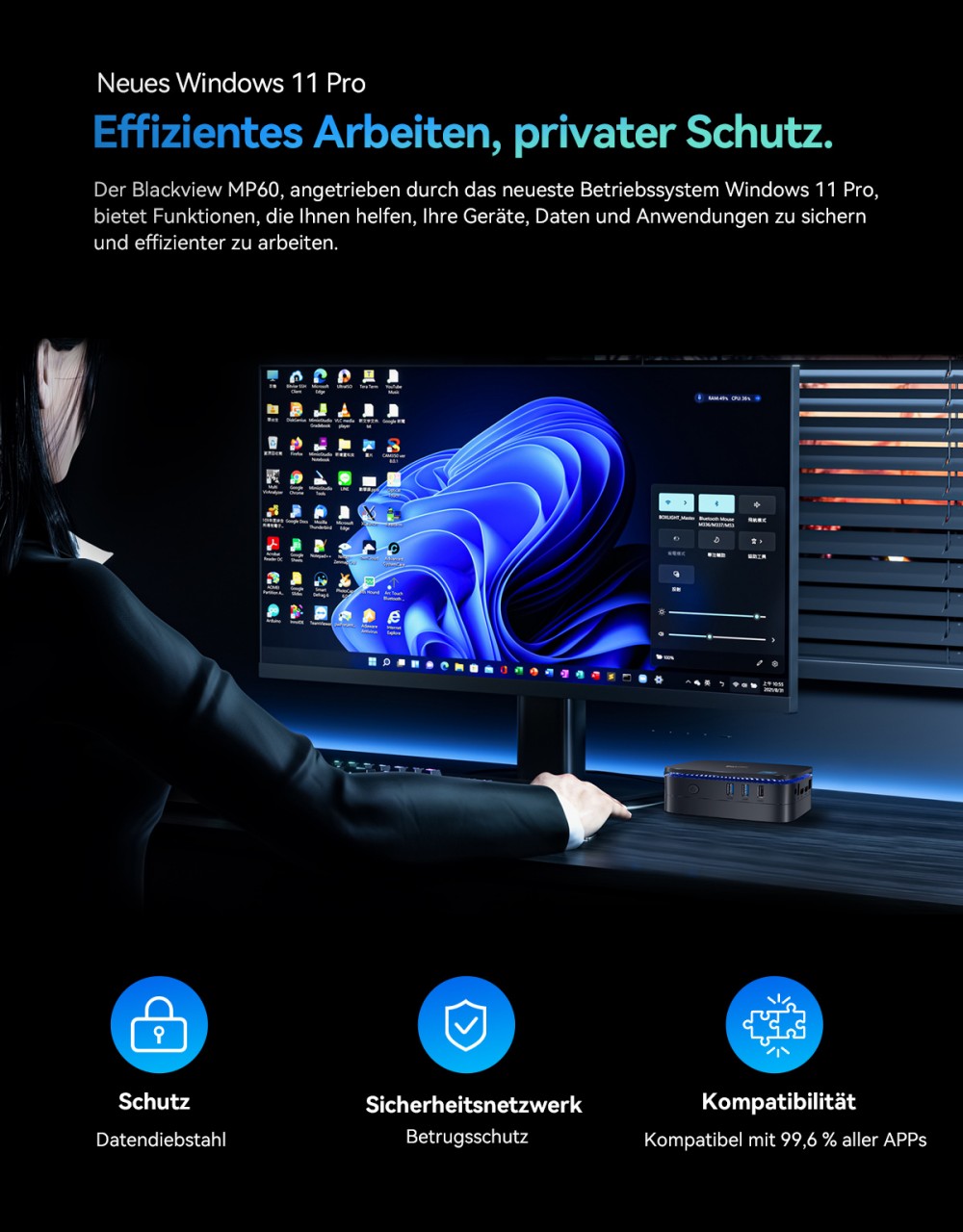 Blackview MP60 Mini-PC, Intel N150 4 Kerne, max. 3,6 GHz, 16 GB RAM, 1 TB SSD, 2 x HDMI Dual-Screen-Display, Dualband-WLAN, Bluetooth 4.2, 2 x USB 2.0, 2 x USB 3.0, 1 x RJ45, 1 x Kopfh&ouml;reranschluss
