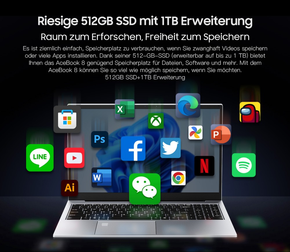 Blackview AceBook 8 Laptop, 15,6 Zoll 1920*1080 IPS-Bildschirm, Intel N150 4-Kern Max 3,6GHz, 16GB RAM 512GB SSD, Dual-Band WLAN Bluetooth 5.0, 2*USB 3.0 1*USB 2.0 1*USB-C 1*HDMI 2.0 1*Audiobuchse 1*MicroSD-Kartensteckplatz, 38Wh Akku 36W Ladegerät