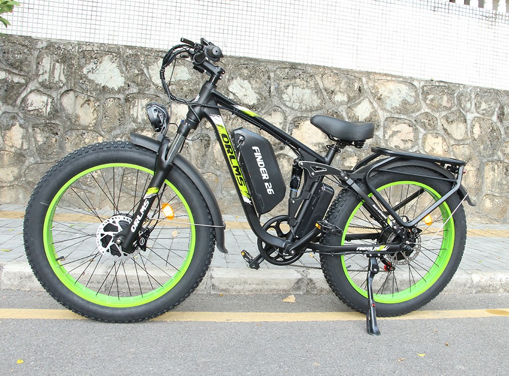 Orlms V3 Elektrofahrrad, 1000 W * 2 Motor, 60 V 25 Ah Akku, 26 * 4,0 Zoll Reifen, 26 * 4,0 Zoll Reifen, 60 km/h Höchstgeschwindigkeit, 120 km maximale Reichweite, hydraulische Bremsen, gefederte Vordergabel, 7-Gang - Grün