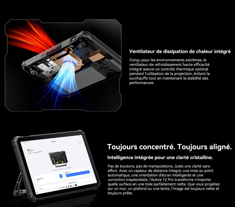 Blackview Active 12 Pro 5G Projecteur AI Tablette Robuste, Projection 1080P 120 pouces 200LM, Android 15, Écran IPS 11 pouces 1920*1200, MT6878 8 cœurs, 12 Go + 24 Go de RAM extensible, 256 Go de ROM, Batterie 30000 mAh, Charge rapide 120W, Caméra 50MP+108MP, Wi-Fi 6E