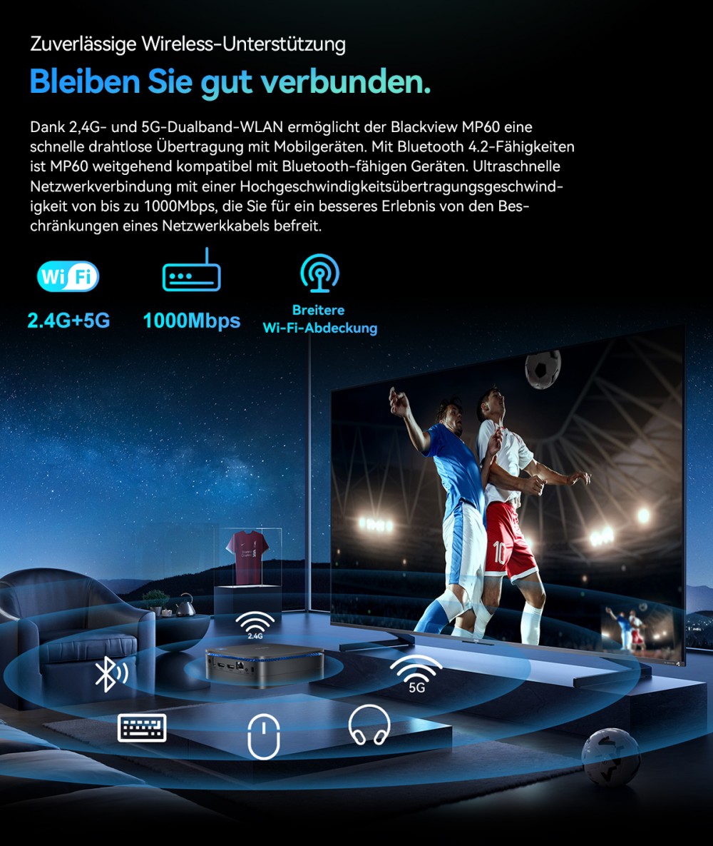 Blackview MP60 Mini-PC, Intel N150 4 Kerne, max. 3,6 GHz, 16 GB RAM, 1 TB SSD, 2 x HDMI Dual-Screen-Display, Dualband-WLAN, Bluetooth 4.2, 2 x USB 2.0, 2 x USB 3.0, 1 x RJ45, 1 x Kopfh&ouml;reranschluss