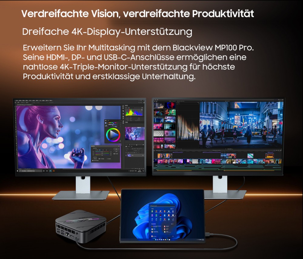 Blackview MP100 Pro Mini-PC, Intel i9-12900HK 14 Kerne, max. 5,0 GHz, 16 GB RAM, 1 TB SSD, HDMI+DP+USB-C Dreifach-4K-Display, WiFi 6 Bluetooth 5.2, 4*USB 3.2 Gen 1 Typ-A, 2*USB 3.2 Gen 2 Typ-A, 1*RJ45, 1*Audio-Buchse