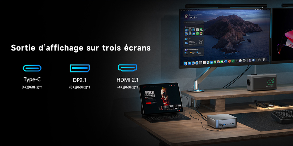 ALLIWAVA H90 Pro Mini PC, AMD Ryzen 7 8745HS 8 c&oelig;urs (4,9 GHz max.), 16 Go de RAM DDR5, SSD 1 To, triple &eacute;cran (HDMI + DP + USB-C), Wi-Fi 6, Bluetooth 5.2, 4 ports USB 3.2, 2 ports RJ45 2,5 GHz, 1 prise audio professionnelle