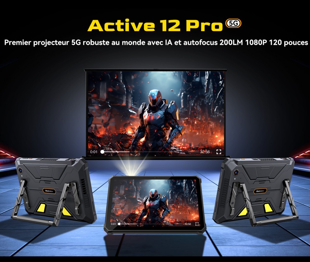 Blackview Active 12 Pro 5G Projecteur AI Tablette Robuste, Projection 1080P 120 pouces 200LM, Android 15, Écran IPS 11 pouces 1920*1200, MT6878 8 cœurs, 12 Go + 24 Go de RAM extensible, 256 Go de ROM, Batterie 30000 mAh, Charge rapide 120W, Caméra 50MP+108MP, Wi-Fi 6E
