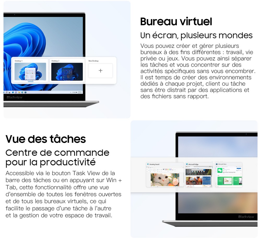 Blackview AceBook 8 Ordinateur portable, écran IPS 15,6 pouces 1920*1080, processeur Intel N150, 16 Go de RAM, 512 Go de SSD, 2*USB 3.0, 1*USB 2.0, 1*USB-C, 1*HDMI 2.0, 1*prise audio, 1*emplacement pour carte MicroSD, batterie 38Wh, charge 36W.