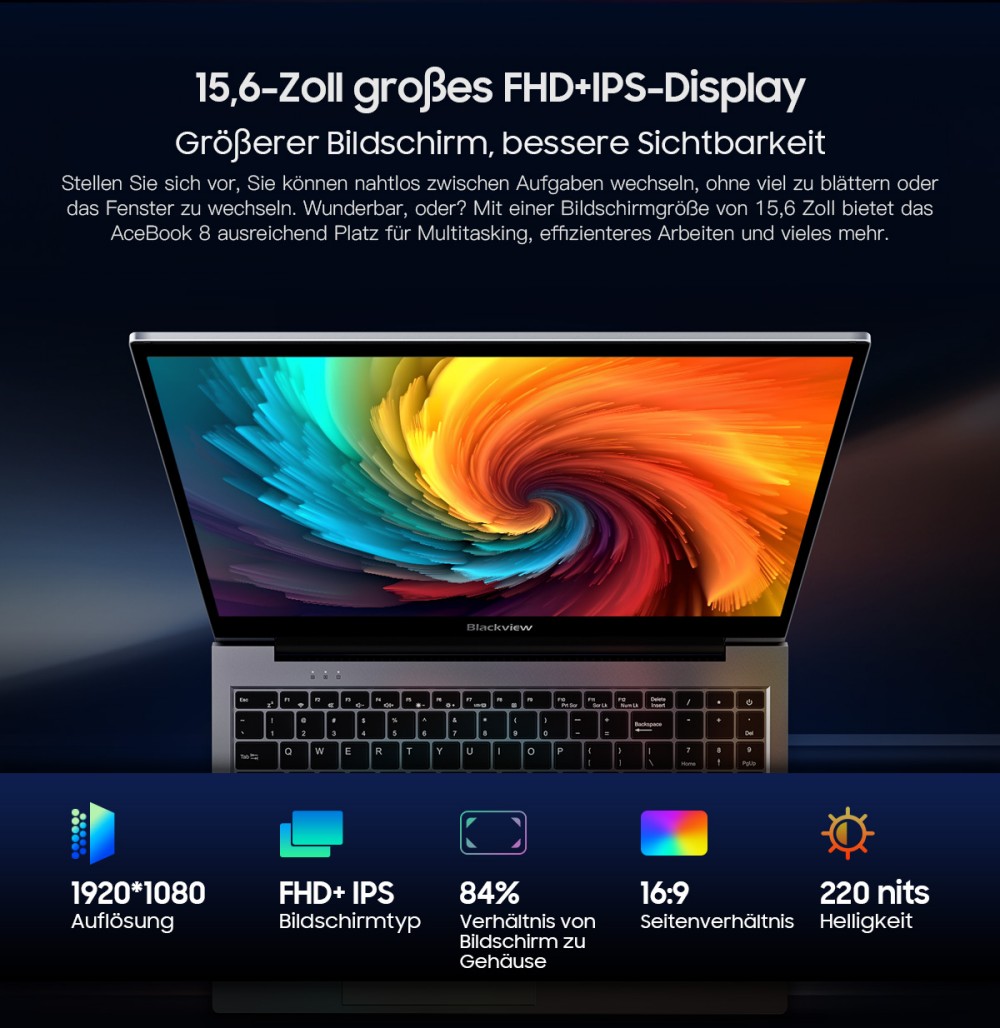 Blackview AceBook 8 Laptop, 15,6 Zoll 1920*1080 IPS-Bildschirm, Intel N150 4-Kern Max 3,6GHz, 16GB RAM 512GB SSD, Dual-Band WLAN Bluetooth 5.0, 2*USB 3.0 1*USB 2.0 1*USB-C 1*HDMI 2.0 1*Audiobuchse 1*MicroSD-Kartensteckplatz, 38Wh Akku 36W Ladegerät