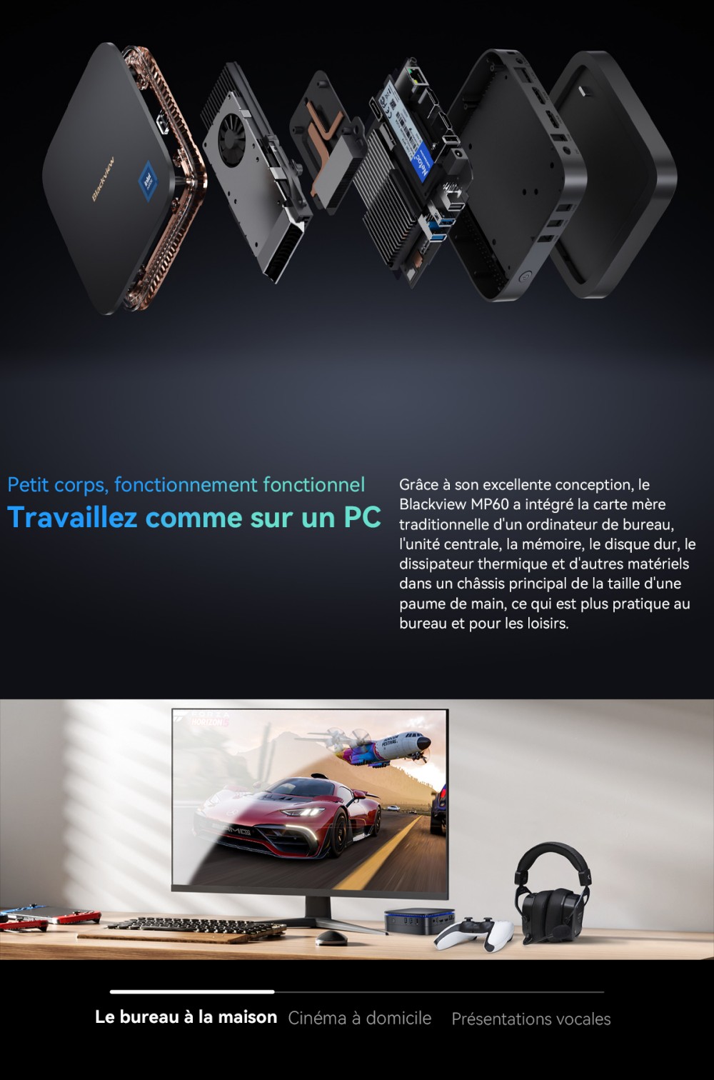 Blackview MP60 Mini PC, Intel N150 4 cœurs, jusqu'à 3,6 GHz, 16 Go de RAM, 1 To de SSD, 2*HDMI pour double écran, WiFi double bande, Bluetooth 4.2, 2*USB2.0, 2*USB3.0, 1*RJ45, 1*prise casque