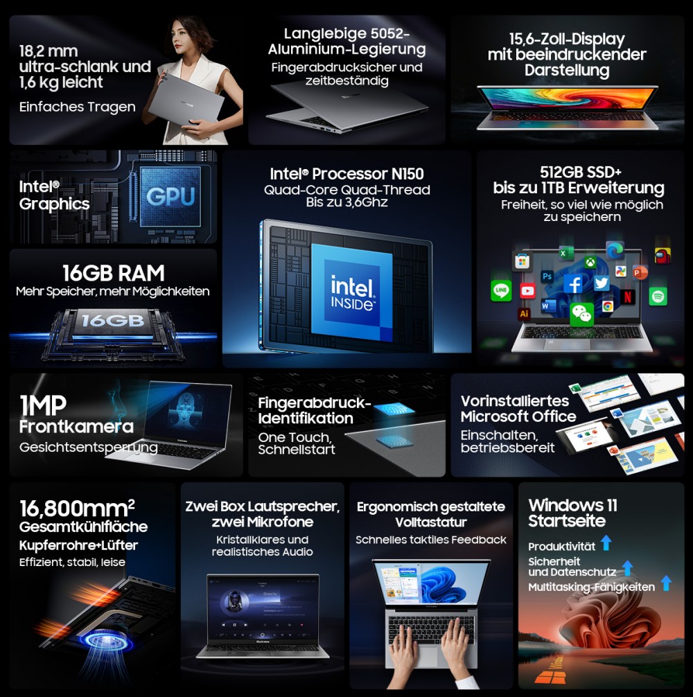 Blackview AceBook 8 Laptop, 15,6 Zoll 1920*1080 IPS-Bildschirm, Intel N150 4-Kern Max 3,6GHz, 16GB RAM 512GB SSD, Dual-Band WLAN Bluetooth 5.0, 2*USB 3.0 1*USB 2.0 1*USB-C 1*HDMI 2.0 1*Audiobuchse 1*MicroSD-Kartensteckplatz, 38Wh Akku 36W Ladegerät