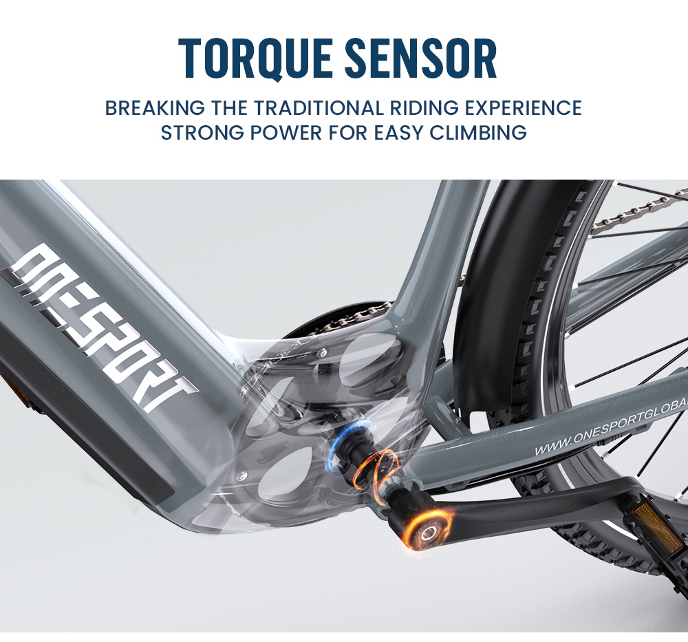 Onesport OT05 Pro V&eacute;lo &eacute;lectrique, moteur 250 W, batterie 36 V 22,5 Ah, pneus 700 x 50 C, vitesse maximale 25 km/h, autonomie 140 km, freins &agrave; disque hydrauliques, fourche &agrave; suspension avant, transmission Shimano 7 vitesses - Gris