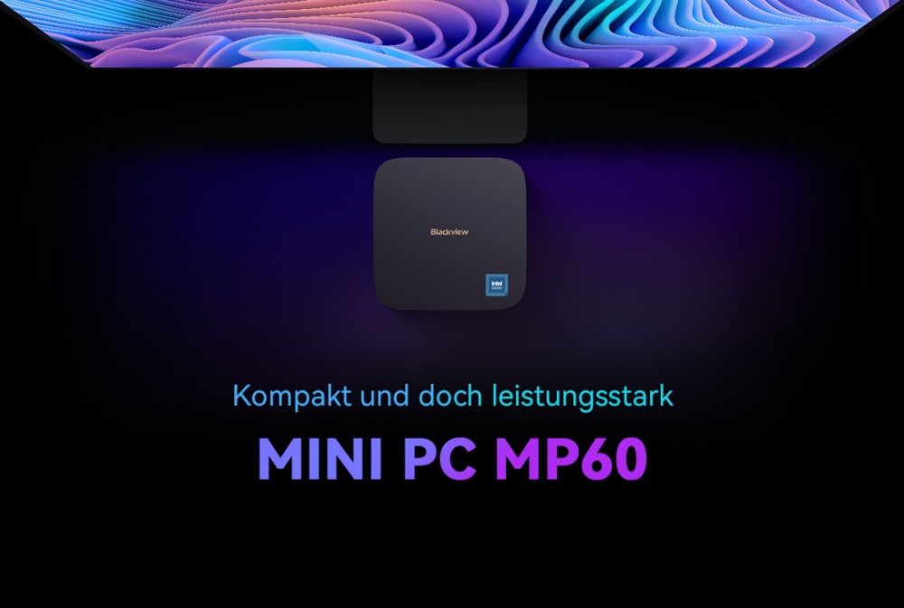 Blackview MP60 Mini-PC, Intel N150 4 Kerne, max. 3,6 GHz, 16 GB RAM, 1 TB SSD, 2 x HDMI Dual-Screen-Display, Dualband-WLAN, Bluetooth 4.2, 2 x USB 2.0, 2 x USB 3.0, 1 x RJ45, 1 x Kopfh&ouml;reranschluss