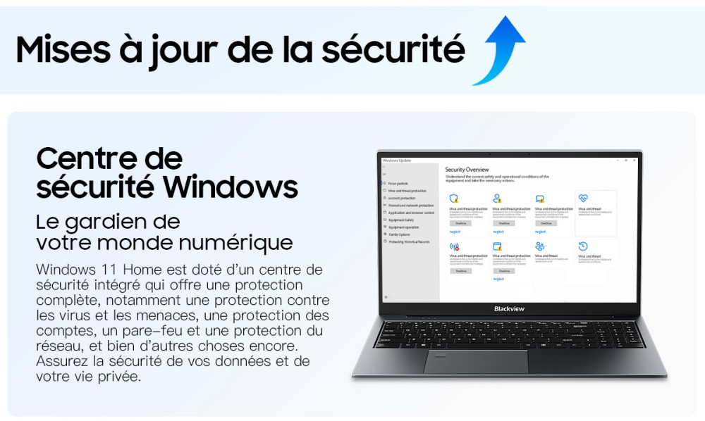 Blackview AceBook 8 Ordinateur portable, écran IPS 15,6 pouces 1920*1080, processeur Intel N150, 16 Go de RAM, 512 Go de SSD, 2*USB 3.0, 1*USB 2.0, 1*USB-C, 1*HDMI 2.0, 1*prise audio, 1*emplacement pour carte MicroSD, batterie 38Wh, charge 36W.