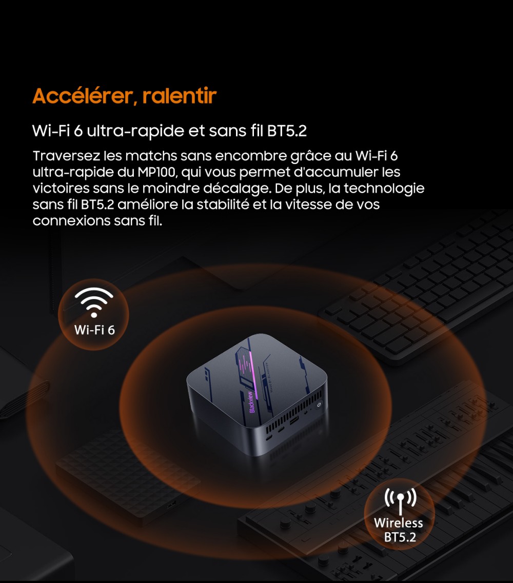 Blackview MP100 Mini PC, AMD Ryzen 7 7430U 6 cœurs, jusqu'à 4,3 GHz, 16 Go de RAM, 512 Go de SSD, triple affichage DP+HDMI+Type-C, WiFi 6 Bluetooth 5.2, 2*Type-C entièrement fonctionnels, 2*USB 3.2, 1*USB 2.0, 1*RJ45, 1*prise audio