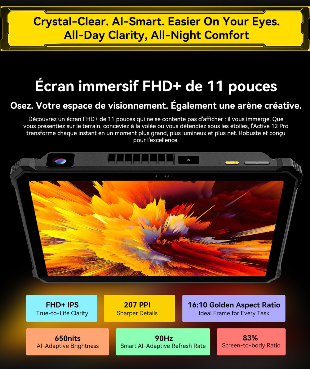 Blackview Active 12 Pro 5G Projecteur AI Tablette Robuste, Projection 1080P 120 pouces 200LM, Android 15, Écran IPS 11 pouces 1920*1200, MT6878 8 cœurs, 12 Go + 24 Go de RAM extensible, 256 Go de ROM, Batterie 30000 mAh, Charge rapide 120W, Caméra 50MP+108MP, Wi-Fi 6E