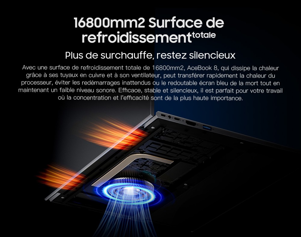 Blackview AceBook 8 Ordinateur portable, écran IPS 15,6 pouces 1920*1080, processeur Intel N150, 16 Go de RAM, 512 Go de SSD, 2*USB 3.0, 1*USB 2.0, 1*USB-C, 1*HDMI 2.0, 1*prise audio, 1*emplacement pour carte MicroSD, batterie 38Wh, charge 36W.