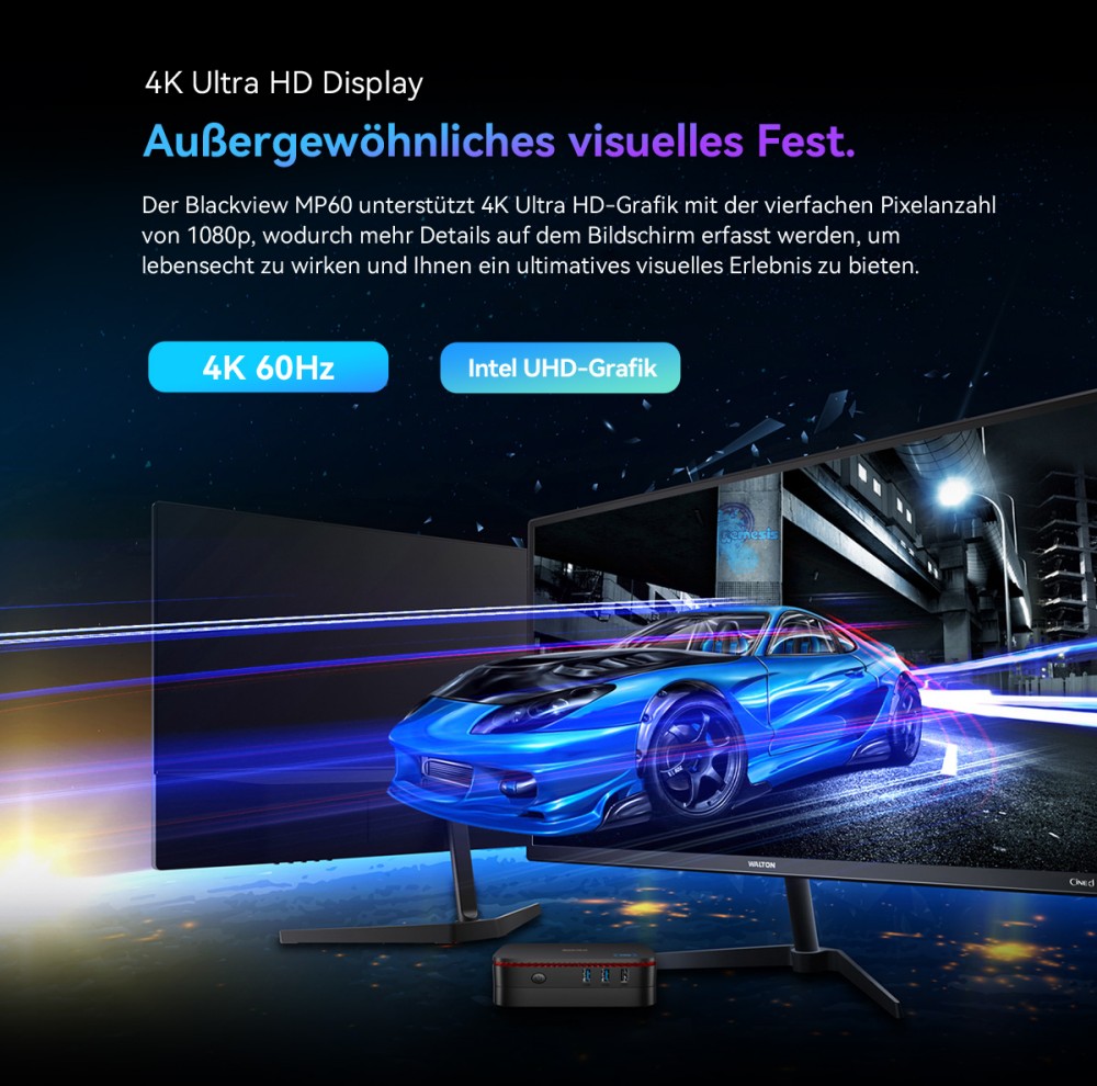 Blackview MP60 Mini-PC, Intel N150 4 Kerne, max. 3,6 GHz, 16 GB RAM, 1 TB SSD, 2 x HDMI Dual-Screen-Display, Dualband-WLAN, Bluetooth 4.2, 2 x USB 2.0, 2 x USB 3.0, 1 x RJ45, 1 x Kopfh&ouml;reranschluss