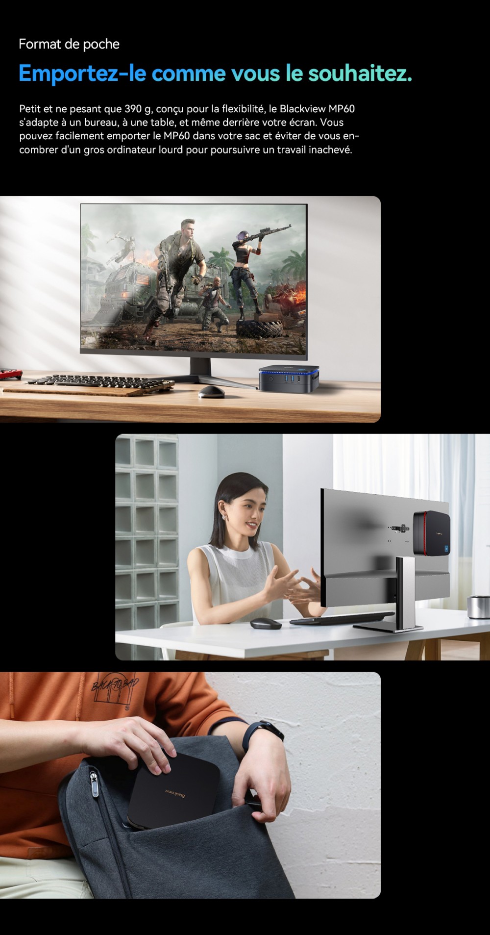 Blackview MP60 Mini PC, Intel N150 4 cœurs, jusqu'à 3,6 GHz, 16 Go de RAM, 1 To de SSD, 2*HDMI pour double écran, WiFi double bande, Bluetooth 4.2, 2*USB2.0, 2*USB3.0, 1*RJ45, 1*prise casque