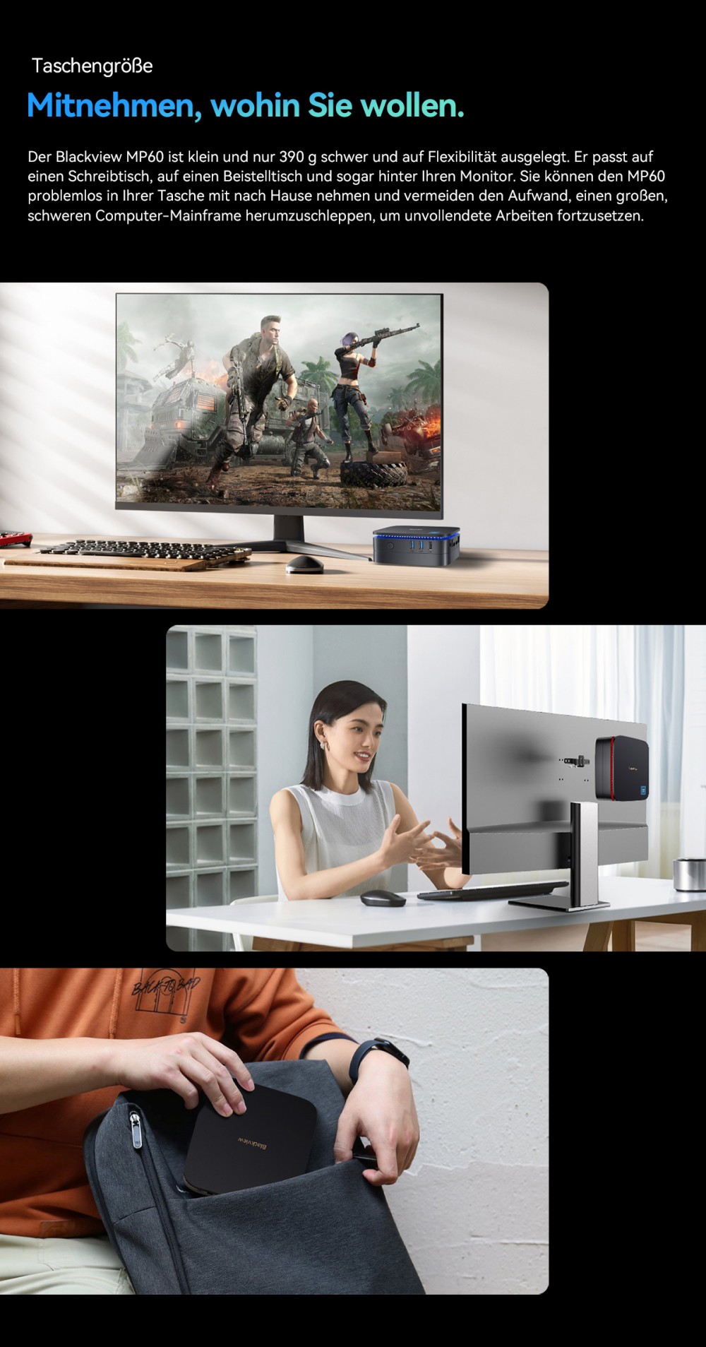 Blackview MP60 Mini-PC, Intel N150 4 Kerne, max. 3,6 GHz, 16 GB RAM, 1 TB SSD, 2 x HDMI Dual-Screen-Display, Dualband-WLAN, Bluetooth 4.2, 2 x USB 2.0, 2 x USB 3.0, 1 x RJ45, 1 x Kopfh&ouml;reranschluss