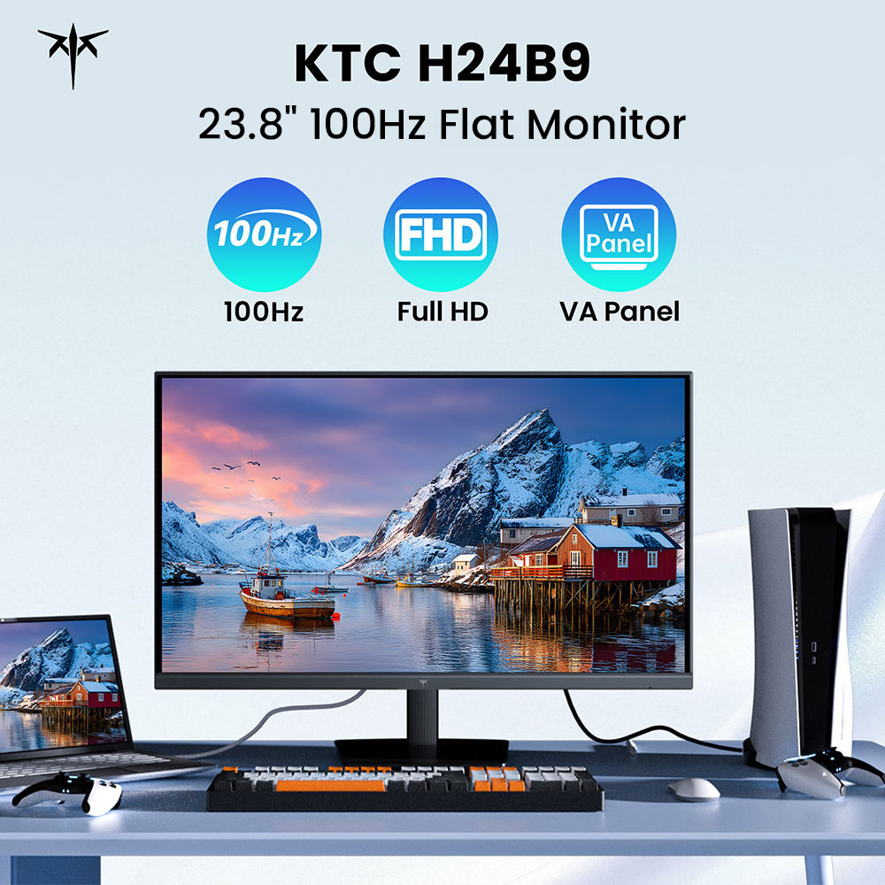 KTC H24B9 Moniteur de bureau, écran 23,8 pouces, 100 Hz, dalle VA 1920 x 1080, contraste 4000:1, format 16:9, couverture colorimétrique sRGB 99 %, 1 port HDMI 1.4 (100 Hz), 1 port VGA (75 Hz), réduction de la lumière bleue, gradation DC