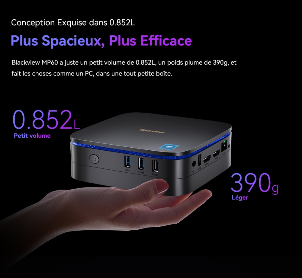 Blackview MP60 Mini PC, Intel N150 4 cœurs, jusqu'à 3,6 GHz, 16 Go de RAM, 1 To de SSD, 2*HDMI pour double écran, WiFi double bande, Bluetooth 4.2, 2*USB2.0, 2*USB3.0, 1*RJ45, 1*prise casque