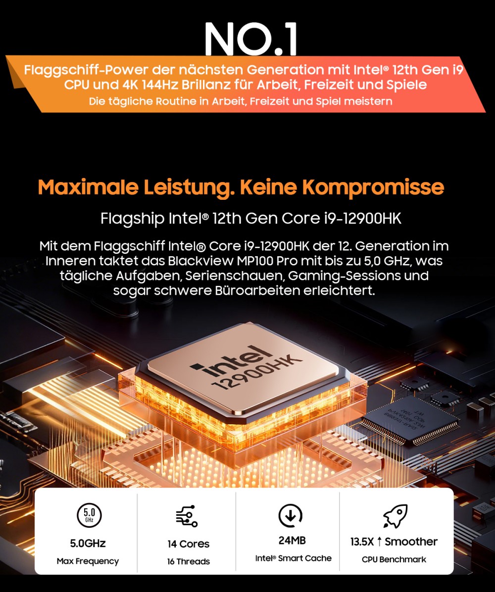 Blackview MP100 Pro Mini-PC, Intel i9-12900HK 14 Kerne, max. 5,0 GHz, 16 GB RAM, 1 TB SSD, HDMI+DP+USB-C Dreifach-4K-Display, WiFi 6 Bluetooth 5.2, 4*USB 3.2 Gen 1 Typ-A, 2*USB 3.2 Gen 2 Typ-A, 1*RJ45, 1*Audio-Buchse