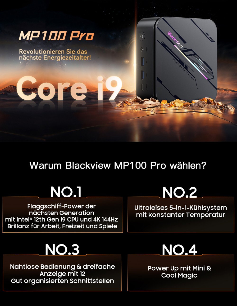 Blackview MP100 Pro Mini-PC, Intel i9-12900HK 14 Kerne, max. 5,0 GHz, 16 GB RAM, 1 TB SSD, HDMI+DP+USB-C Dreifach-4K-Display, WiFi 6 Bluetooth 5.2, 4*USB 3.2 Gen 1 Typ-A, 2*USB 3.2 Gen 2 Typ-A, 1*RJ45, 1*Audio-Buchse