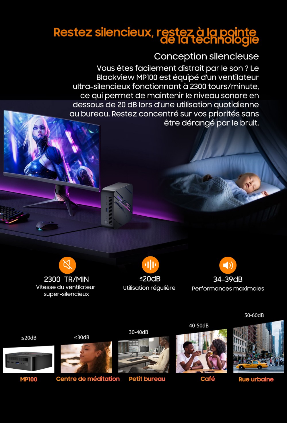 Blackview MP100 Mini PC, AMD Ryzen 7 7430U 6 cœurs, jusqu'à 4,3 GHz, 16 Go de RAM, 512 Go de SSD, triple affichage DP+HDMI+Type-C, WiFi 6 Bluetooth 5.2, 2*Type-C entièrement fonctionnels, 2*USB 3.2, 1*USB 2.0, 1*RJ45, 1*prise audio