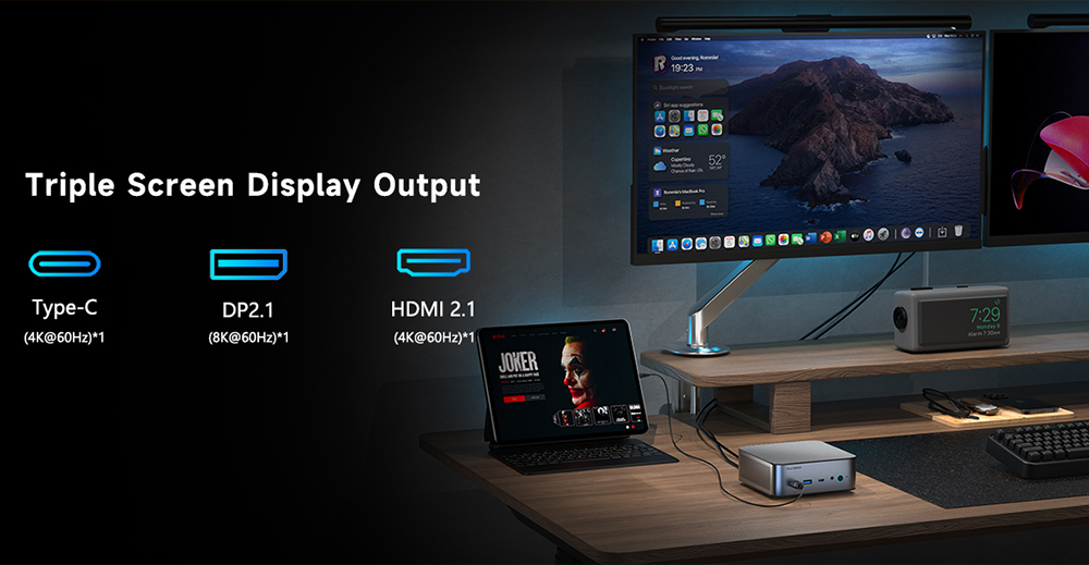 ALLIWAVA H90 Pro Mini PC, AMD Ryzen 7 8745HS, 8 mag, max. 4,9 GHz, 16 GB RAM, 1 TB SSD, HDMI+DP+USB-C, h&aacute;rom kijelző, WiFi 6, Bluetooth 5.2, 4*USB3.2, 2*2.5G RJ45, 1*Audio Jack