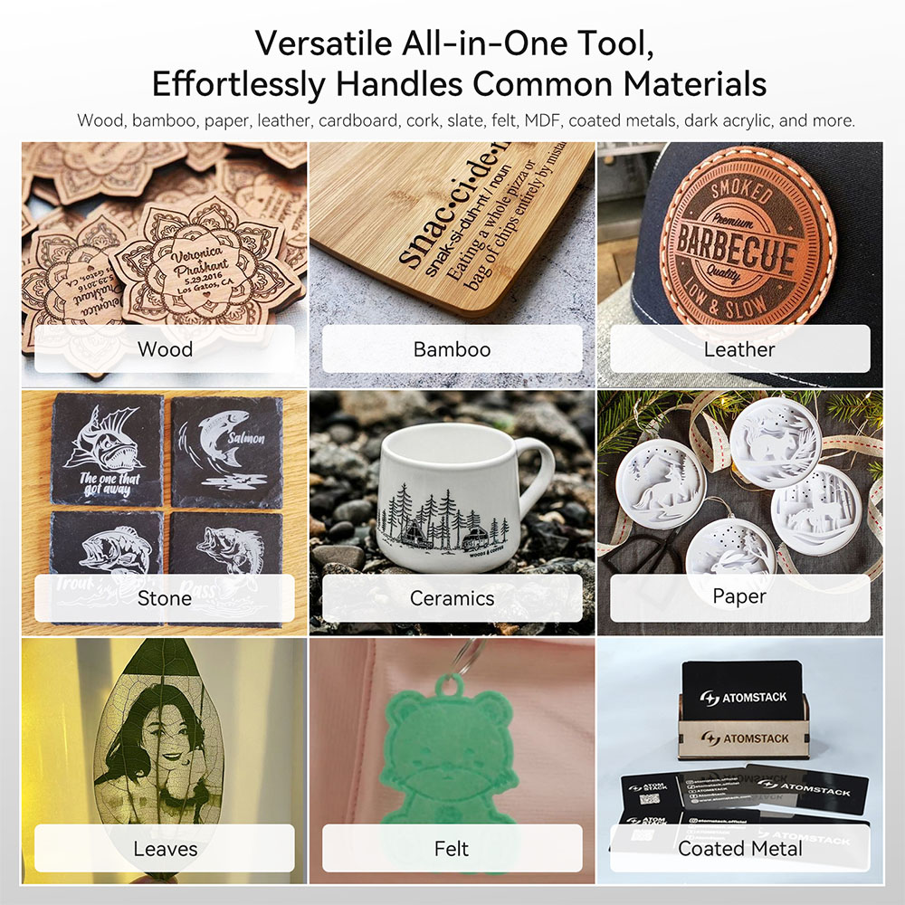 ATOMSTACK Swift Mini 3W l&eacute;zergrav&iacute;roz&oacute;, 135&times;145 mm munkater&uuml;let, 0,04 mm l&eacute;zerpont, 10000 mm/perc sebess&eacute;g, AI sz&ouml;vegből k&eacute;pp&eacute; alak&iacute;t&aacute;s, t&ouml;bb anyag grav&iacute;roz&aacute;sa