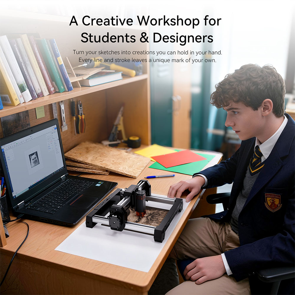 ATOMSTACK Swift Mini 3W l&eacute;zergrav&iacute;roz&oacute;, 135&times;145 mm munkater&uuml;let, 0,04 mm l&eacute;zerpont, 10000 mm/perc sebess&eacute;g, AI sz&ouml;vegből k&eacute;pp&eacute; alak&iacute;t&aacute;s, t&ouml;bb anyag grav&iacute;roz&aacute;sa