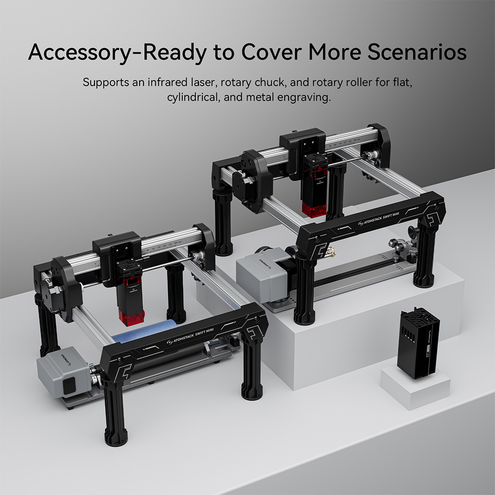 ATOMSTACK Swift Mini 3W l&eacute;zergrav&iacute;roz&oacute;, 135&times;145 mm munkater&uuml;let, 0,04 mm l&eacute;zerpont, 10000 mm/perc sebess&eacute;g, AI sz&ouml;vegből k&eacute;pp&eacute; alak&iacute;t&aacute;s, t&ouml;bb anyag grav&iacute;roz&aacute;sa