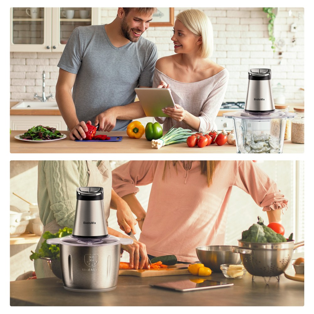 Hachoir &eacute;lectrique BioloMix Mini, moteur puissant de 300 W, deux bols de 3 L, minuterie LED, acier inoxydable et verre, utilisation mains libres et compatible lave-vaisselle, hachoir et pur&eacute;e multifonctionnels