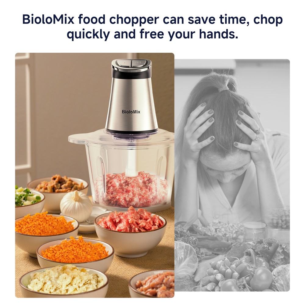Hachoir &eacute;lectrique BioloMix Mini, moteur puissant de 300 W, deux bols de 3 L, minuterie LED, acier inoxydable et verre, utilisation mains libres et compatible lave-vaisselle, hachoir et pur&eacute;e multifonctionnels
